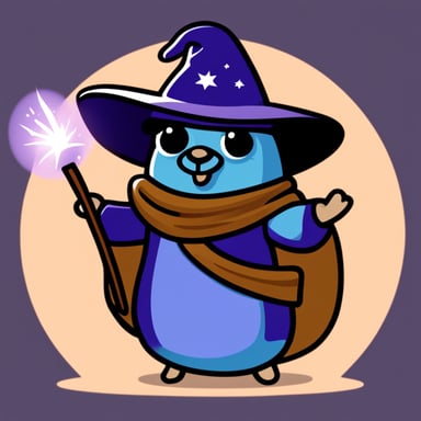Go Blue Gopher, wearing a wizard hat, casts a spell in the form of a mesh with a wand.