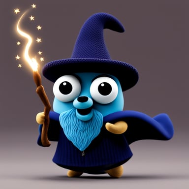 Go Blue Gopher, wearing a wizard hat, casts a spell in the form of a mesh with a wand.