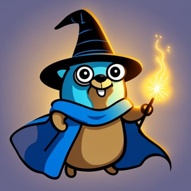 Go blue gopher, in the cloak wearing a wizard hat, casts a spell in the form of a square mesh with a wand. This is depicted in a 2D cartoon style.