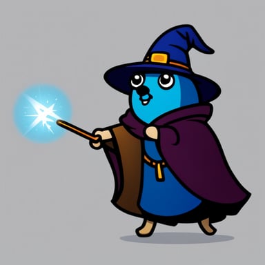 Go blue gopher, in the cloak wearing a wizard hat, casts a spell in the form of a square mesh with a wand. This is depicted in a 2D cartoon style.