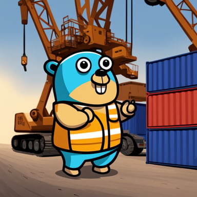 Go Blue Gopher is working on a crane, moving containers in a 2D cartoon.