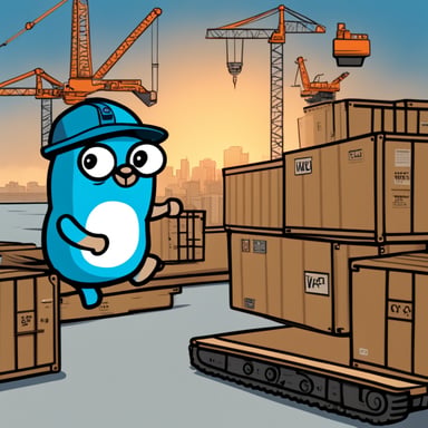 Go Blue Gopher is working on a crane, moving containers in a 2D cartoon.