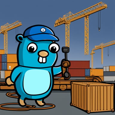 Go Blue Gopher is working on a crane, moving containers in a 2D cartoon.