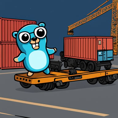 Go Blue Gopher is working on a crane, moving containers in a 2D cartoon.