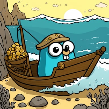 Go Blue Gopher, a pioneering character, transports treasure across the sea in a 2D cartoon.