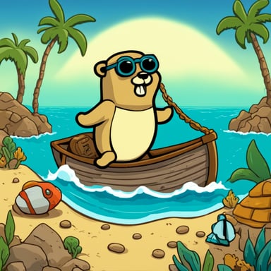Go Blue Gopher, a pioneering character, transports treasure across the sea in a 2D cartoon.
