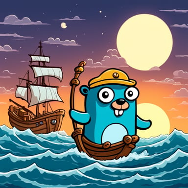 Go Blue Gopher, a pioneering character, transports treasure across the sea in a 2D cartoon.