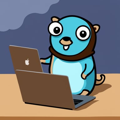 Go Blue Gopher programming on a laptop.
