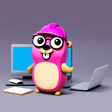 Go Blue Gopher as the happy architect with a pink laptop.
