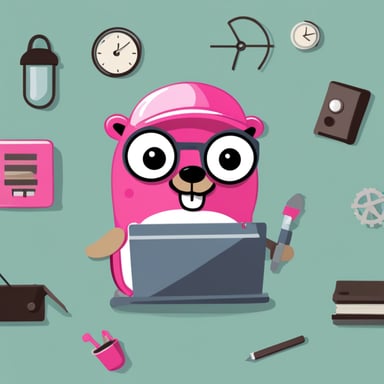 Go Blue Gopher as the happy architect with a pink laptop.