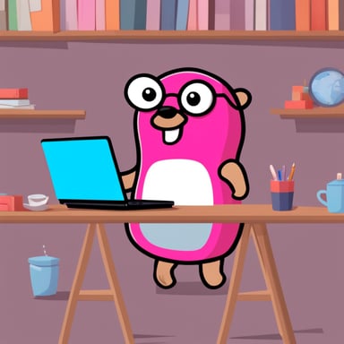 Go Blue Gopher as the happy architect with a pink laptop.