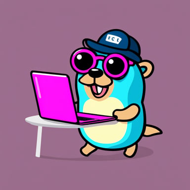 Go Blue Gopher as the happy architect with a pink laptop.