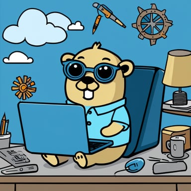 Go Blue Gopher, the architect, designs on his sky-blue laptop.