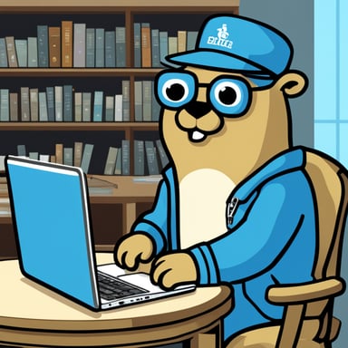Go Blue Gopher, the architect, designs on his sky-blue laptop.