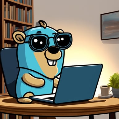 Go Blue Gopher, the architect, designs on his sky-blue laptop.