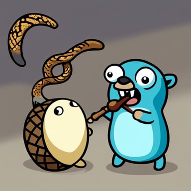 An angry go blue gopher tortures a python.