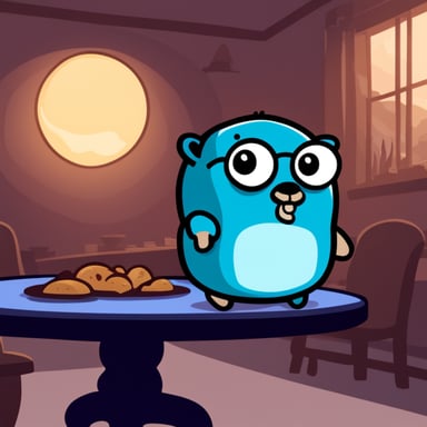 Go Blue Gopher, watching the orb on the table with a serious face, cartoonish.