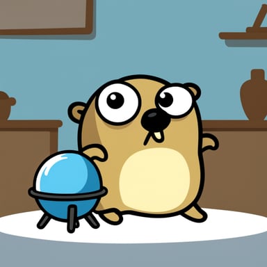 Go Blue Gopher, watching the orb on the table with a serious face, cartoonish.