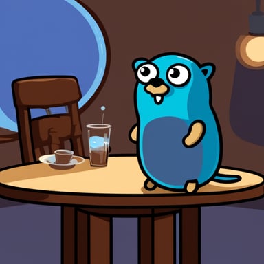 Go Blue Gopher, watching the orb on the table with a serious face, cartoonish.