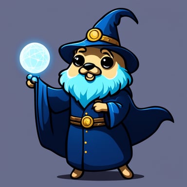 Go Blue Gopher, the wizard, watched the magician's orb with a serious face, in a 2D cartoon style.