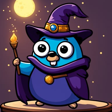 Go Blue Gopher, the wizard, watched the magician's orb with a serious face, in a 2D cartoon style.