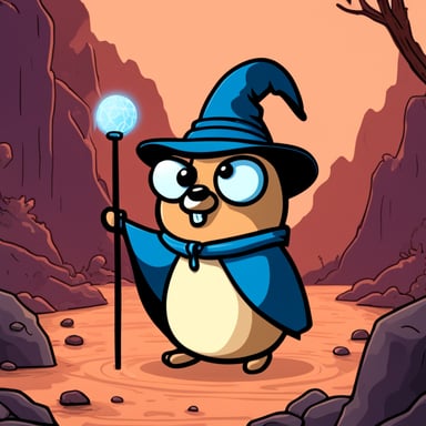 Go Blue Gopher, the wizard, watched the magician's orb with a serious face, in a 2D cartoon style.