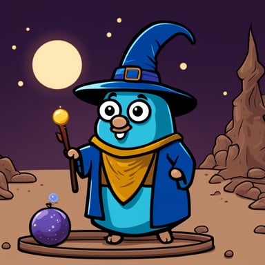 Go Blue Gopher, the wizard, watched the magician's orb with a serious face, in a 2D cartoon style.