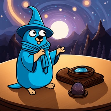 Go Blue Gopher is like Gandalf, the wizard with a serious face, watching the sky-blue colored glass orb positioned on the table.