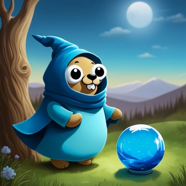 Go Blue Gopher is like Gandalf, the wizard with a serious face, watching the sky-blue colored glass orb positioned on the table.