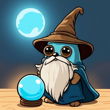 Go Blue Gopher is like Gandalf, the wizard with a serious face, watching the sky-blue colored glass orb positioned on the table.