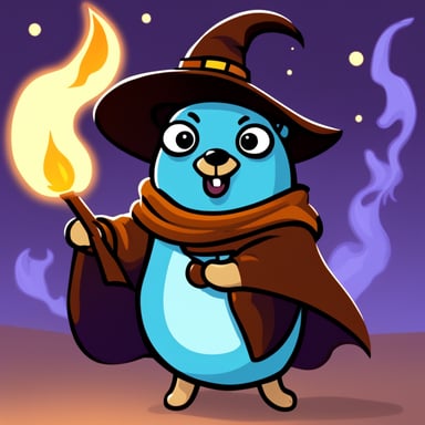 Go Blue Gopher looks like a witch with a joyful face, casting spells from a fire spell book.