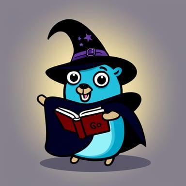 Go Blue Gopher looks like a witch with a joyful face, casting spells from a fire spell book.
