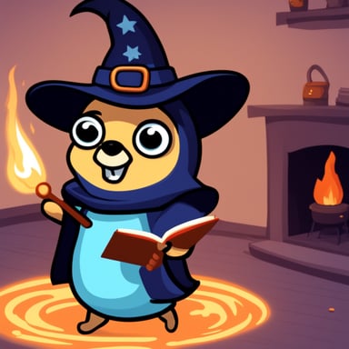 Go Blue Gopher looks like a witch with a joyful face, casting spells from a fire spell book.