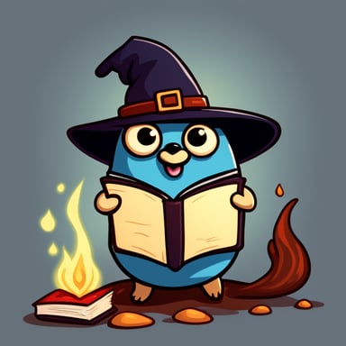 Go Blue Gopher looks like a witch with a joyful face, casting spells from a fire spell book and has red skin color.