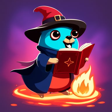 Go Blue Gopher looks like a witch with a joyful face, casting spells from a fire spell book and has red skin color.