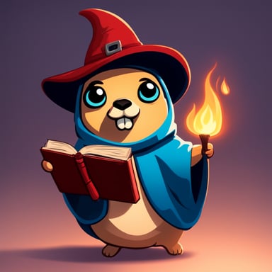 Go Blue Gopher looks like a witch with a joyful face, casting spells from a fire spell book and has red skin color.