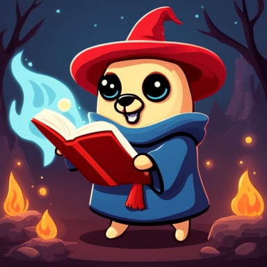 Go Blue Gopher looks like a witch with a joyful face, casting spells from a fire spell book and has red skin color.