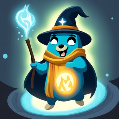 Master wizard Go Blue Gopher creating a new powerful spell with a terrifying laugh.