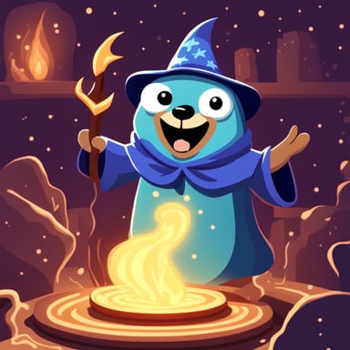 Master wizard Go Blue Gopher creating a new powerful spell with a terrifying laugh.