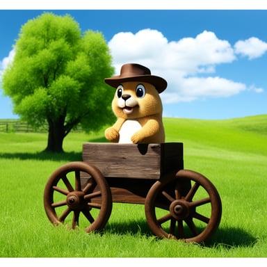 I want Go Blue Gopher chewing some wheat and wearing a straw hat, sat down in front of a wagon wheel with green grass and blue sky background with clouds.