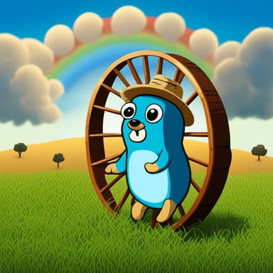 I want Go Blue Gopher chewing some wheat and wearing a straw hat, sat down in front of a wagon wheel with green grass and blue sky background with clouds.