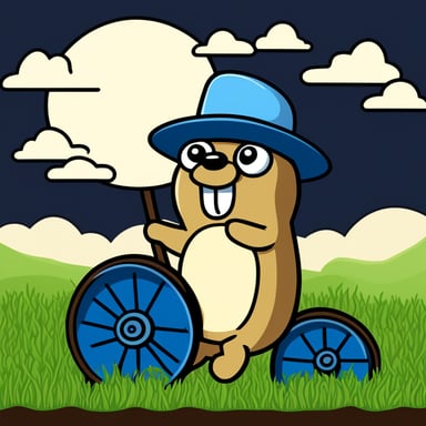 I want Go Blue Gopher chewing some wheat and wearing a straw hat, sat down in front of a wagon wheel with green grass and blue sky background with clouds.