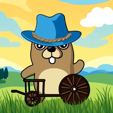 I want Go Blue Gopher chewing some wheat and wearing a straw hat, sat down in front of a wagon wheel with green grass and blue sky background with clouds.