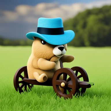 The lazy Go Blue Gopher sat against a wagon wheel, chewing grass and wearing a straw hat, with a background of green grass and blue sky.