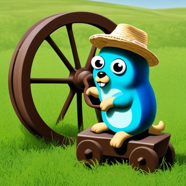 The lazy Go Blue Gopher sat against a wagon wheel, chewing grass and wearing a straw hat, with a background of green grass and blue sky.