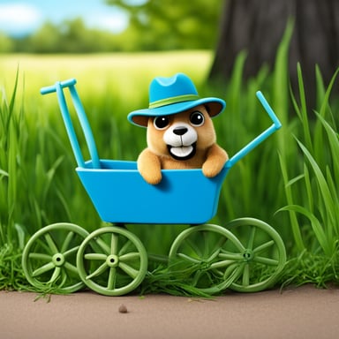 The lazy Go Blue Gopher sat against a wagon wheel, chewing grass and wearing a straw hat, with a background of green grass and blue sky.