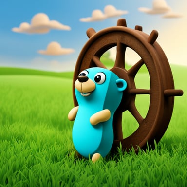 The lazy Go Blue Gopher sat against a wagon wheel, chewing grass and wearing a straw hat, with a background of green grass and blue sky.