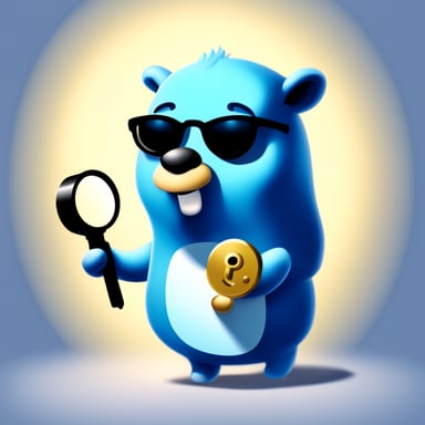 Go Blue Gopher with a magnifying glass looking at a golden key.