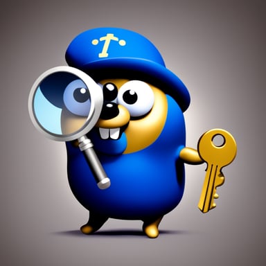 Go Blue Gopher with a magnifying glass looking at a golden key.