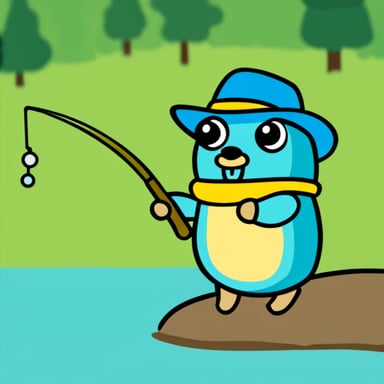 Go Blue Gopher holding a fishing rod with a fishing hat.